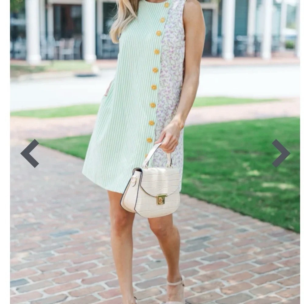 Sleeveless Mint Stripe & Floral Mini Dress with Yellow Button Trim